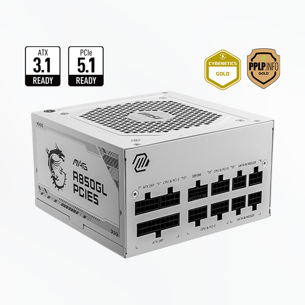 MSI MAG A850GL WHITE PCIE 5.1 ATX 3.1 850 Watt 80 Plus Gold Fully Modular (WHITE) - Image 2